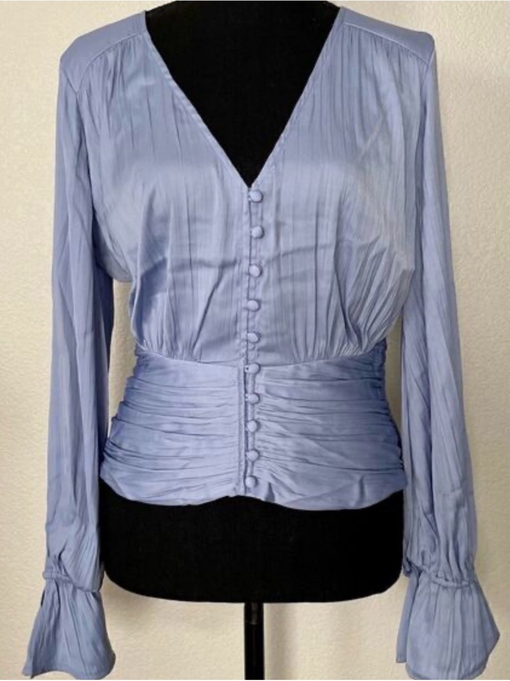 Anthropologie Periwinkle Blue V-Neck Button Front Waist-Pleated Women’s Top